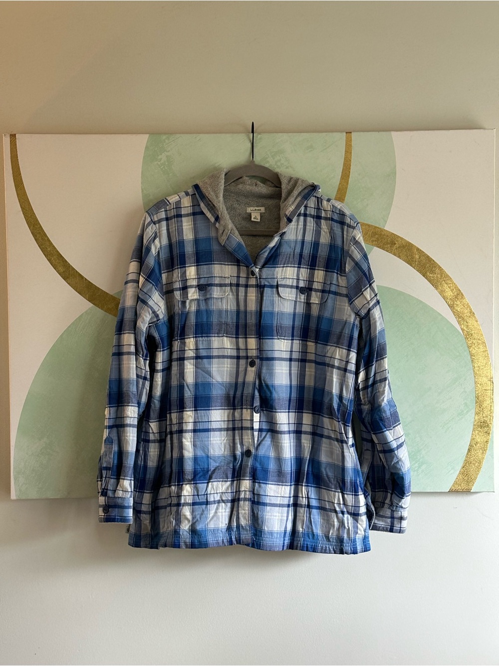 LL Bean Blue Plaid Hooded Shirt Jacket